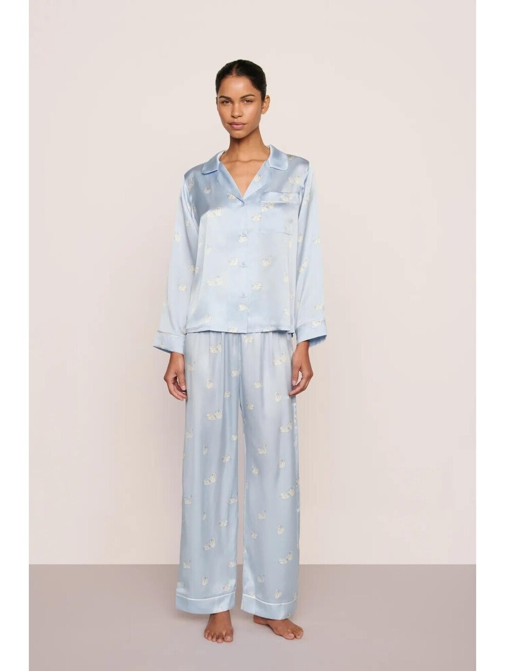 Eberjey Inez Washable Silk Printed Long PJ Set Large Swans Ice Blue Ivory Small
